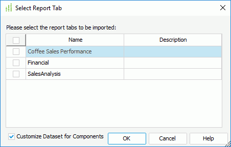Select Report Tab dialog box