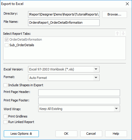 Export to Excel dialog box