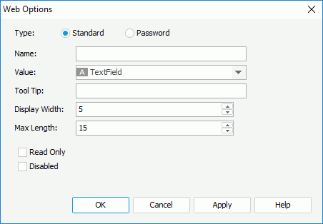 Web Options dialog box for Text Field