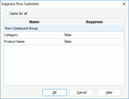 Suppress Row Subtotal dialog box
