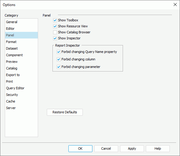 Options dialog box - Panel category