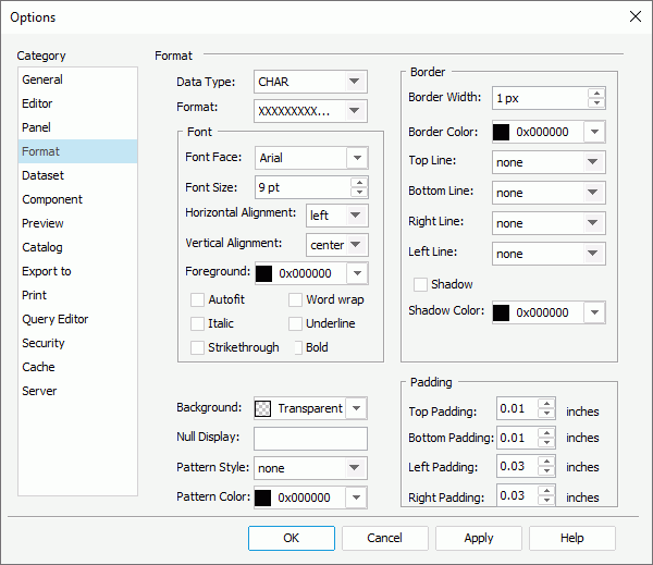 Options dialog box - Format category