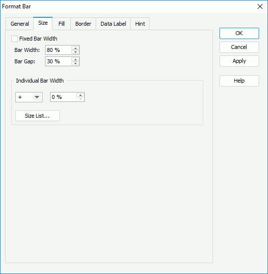 Format Bar dialog box - Size tab for Dynamic Bar Width