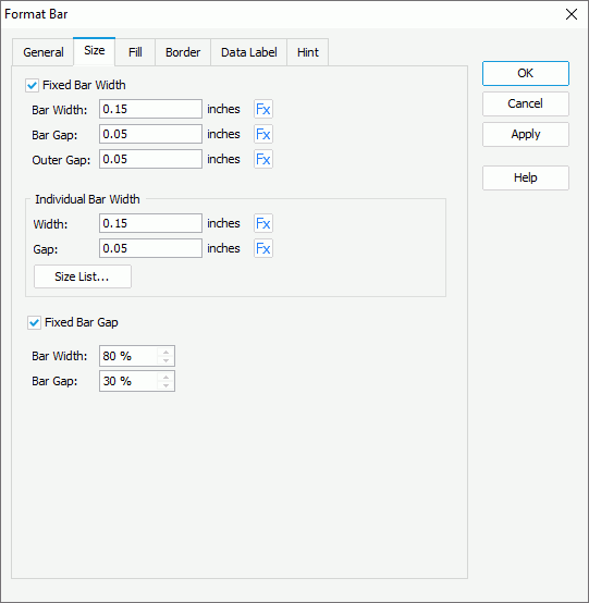 Format Bar dialog box - Size tab for Fixed Bar Width