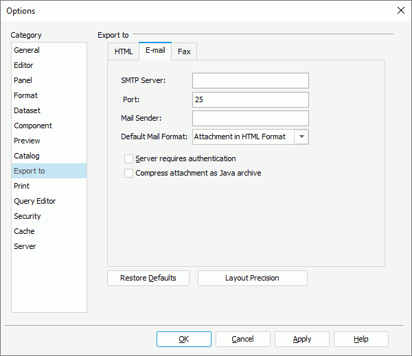 Options dialog box - Export to category - E-mail tab