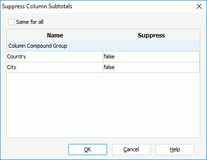Suppress Column Subtotal dialog box