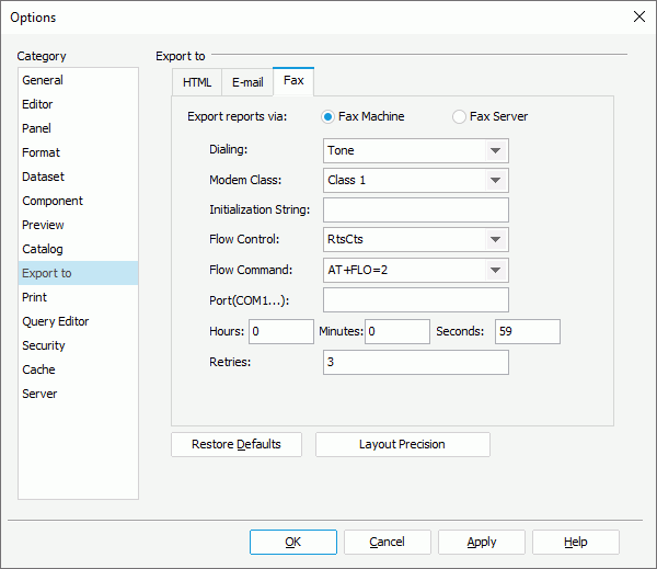 Options dialog box - Export to category - Fax tab