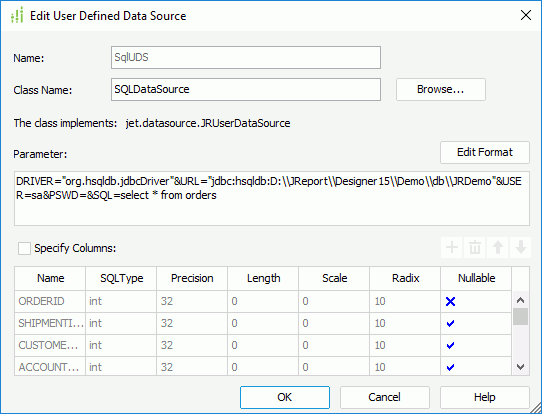 Edit User Defined Data Source dialog box
