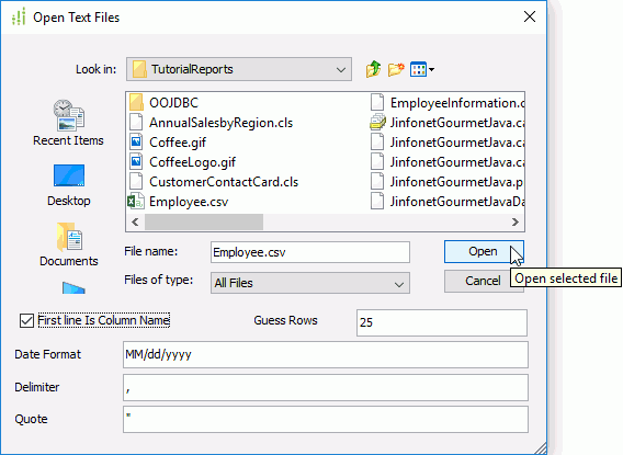 Open Text Files dialog box