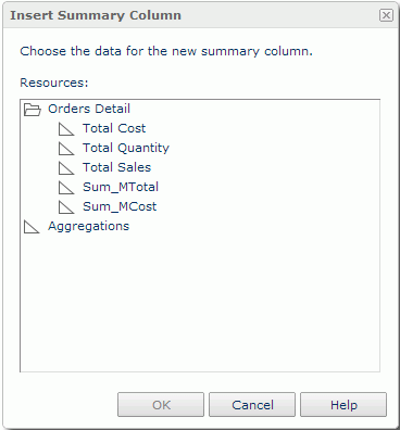 Insert Summary Column dialog