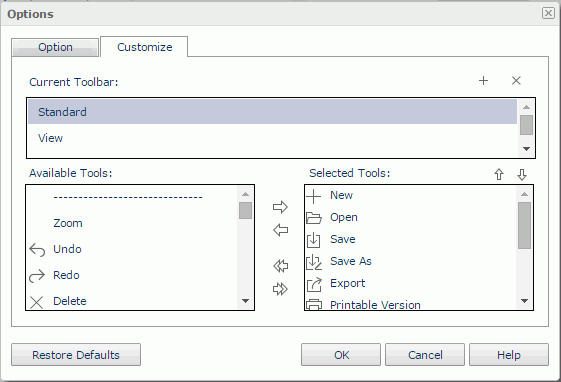 Options dialog - Customize tab