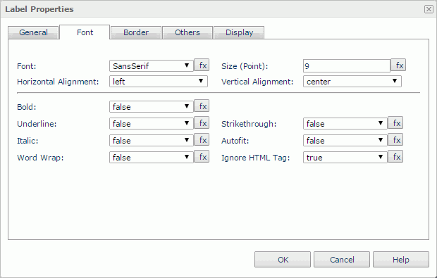 Label Properties dialog - Font tab