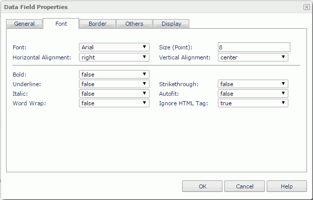 Data Field Properties dialog - Font tab