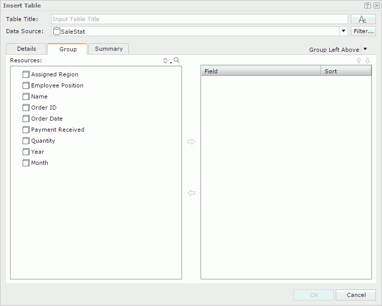 Insert Table dialog - Group tab