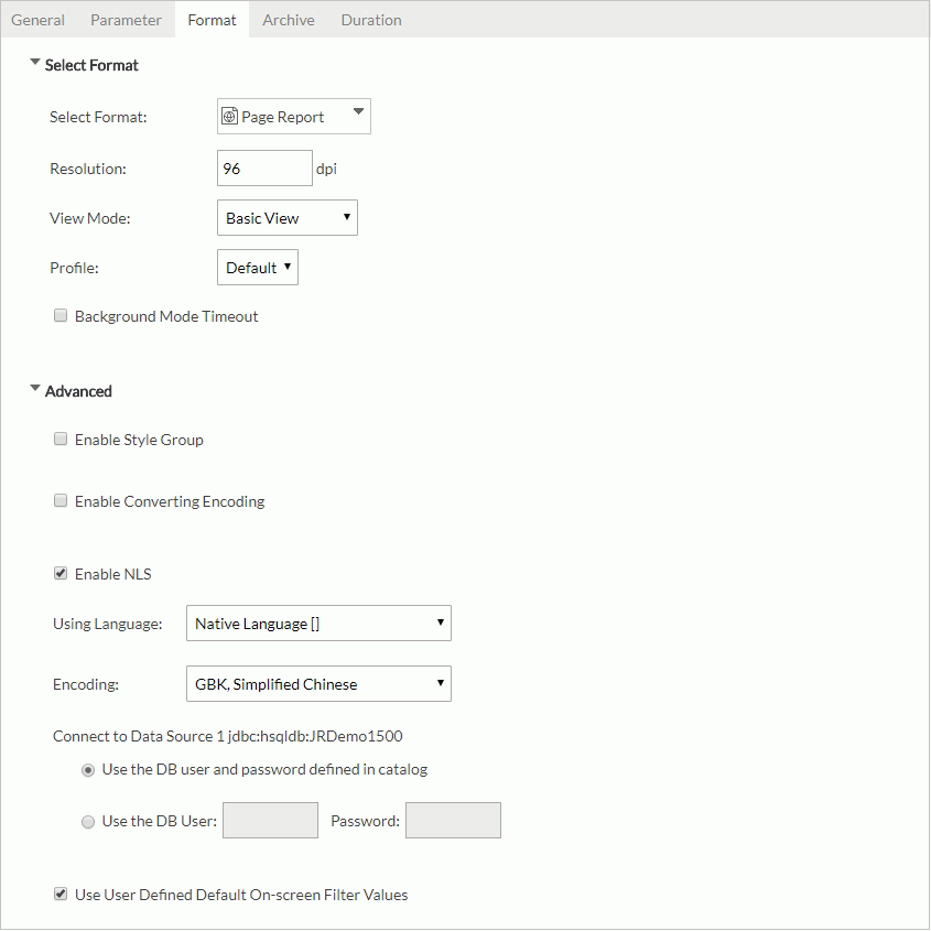 Advanced Run dialog - Format tab