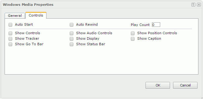 Windows Media Properties dialog - Controls tab