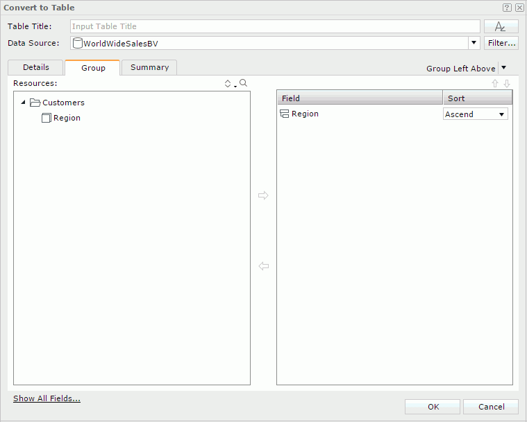 Convert To Table dialog - Group tab