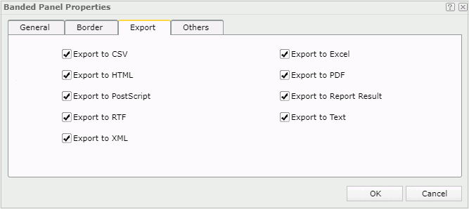Banded Panel Properties dialog - Export tab