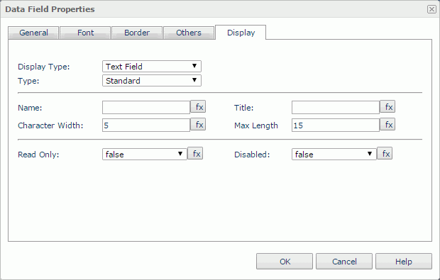 Data Field Properties dialog - Text Field Display Type