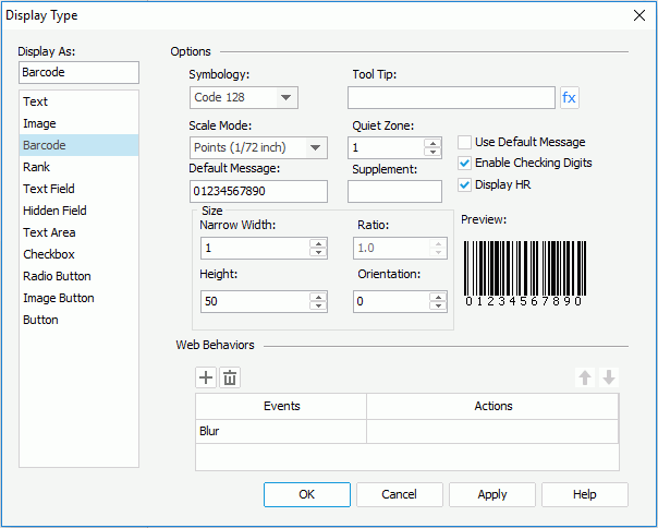 Display Type dialog - Barcode