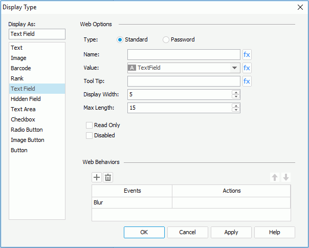Display Type dialog - Text Field
