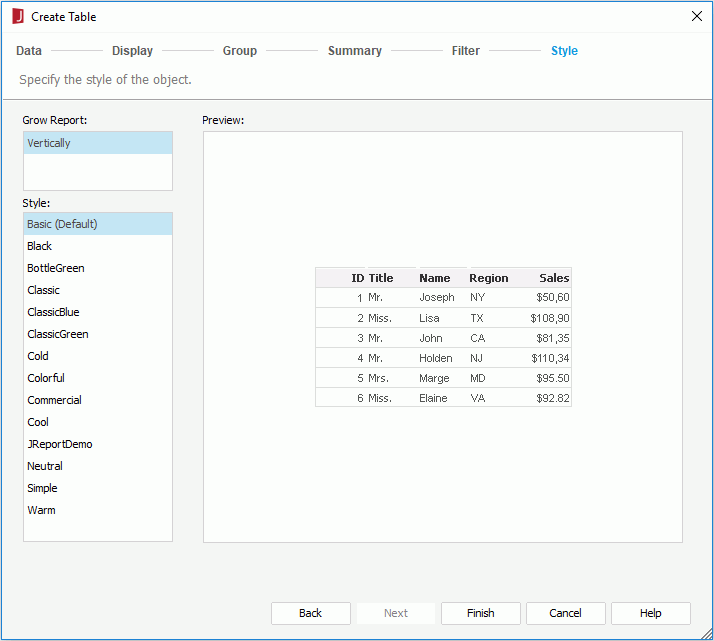 Create Table wizard for web report and library component - Style screen
