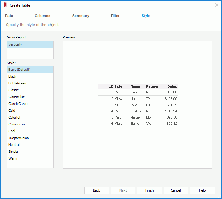 Create Table wizard for web report and library component - Style screen of summary table