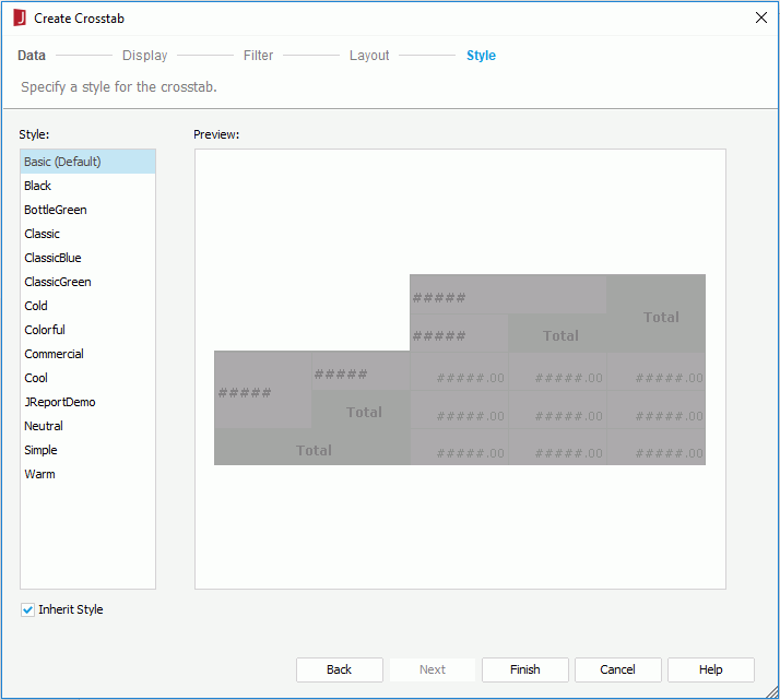 Create Crosstab wizard based on query - Style screen