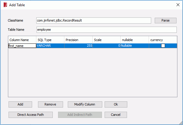 Add Table dialog