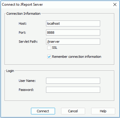 Connect to Logi JReport Server dialog