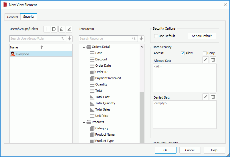 Add View Element dialog - Security