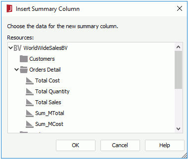 Insert Summary Column dialog