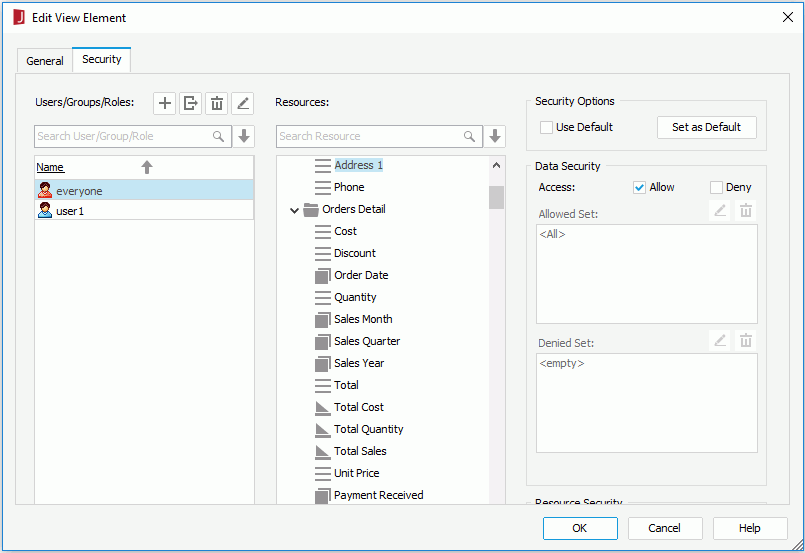 Edit View Element dialog - Security