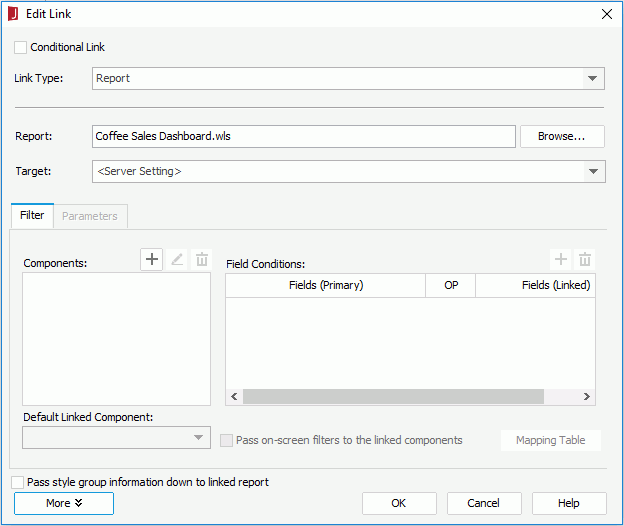 Edit Link dialog for Web Report and Library Component - Report