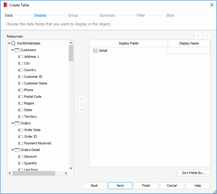 Create Table wizard for page report based on query - Display screen