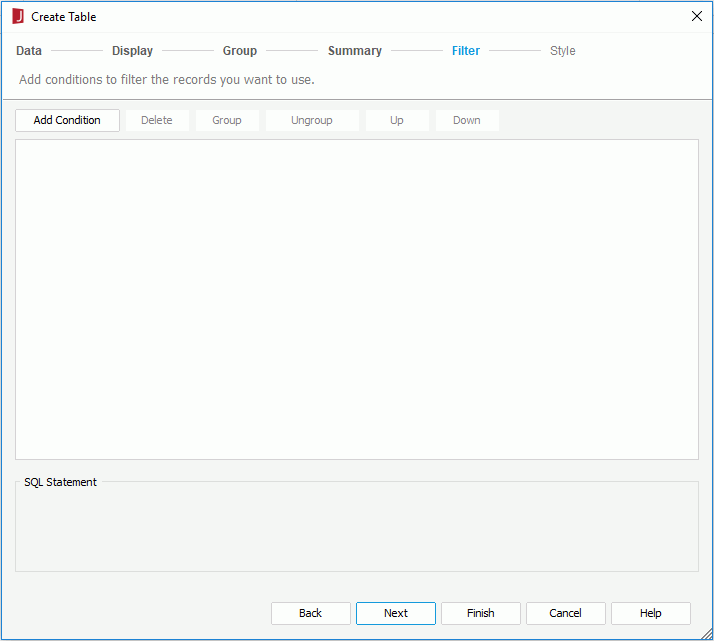Create Table wizard for page report based on query - Filter screen