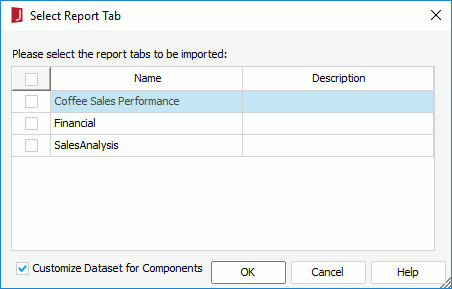 Select Report Tab dialog