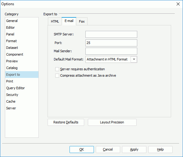 Options dialog - Export to category - E-mail tab