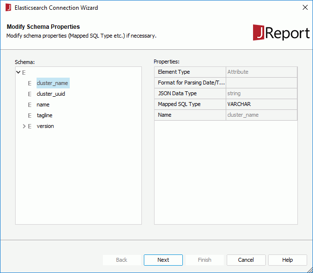 Elasticsearch Connection Wizard - Modify Schema Properties