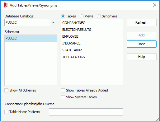 Add Tables/Views/Synonyms dialog