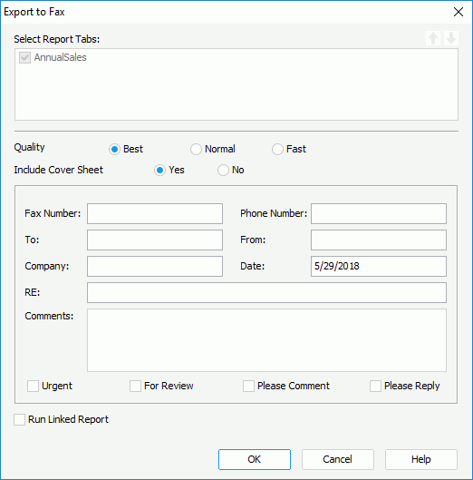 Export to Fax dialog