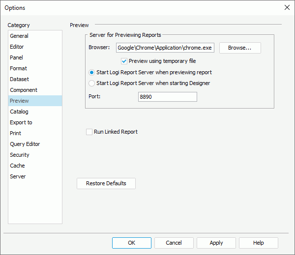 Options dialog - Preview category