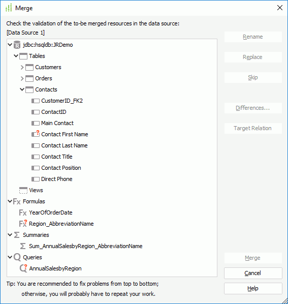 Merge dialog