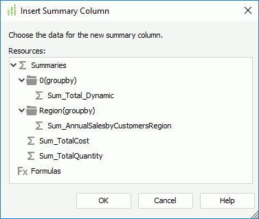 Insert Summary Column dialog