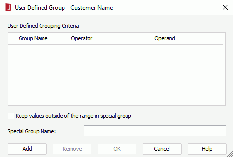 User Defined Group dialog