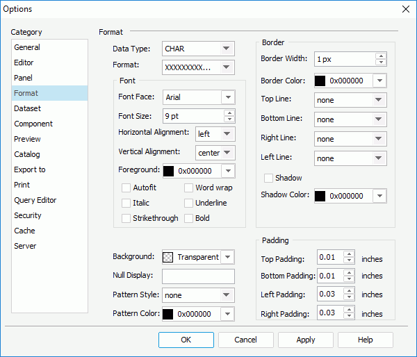 Options dialog - Format category