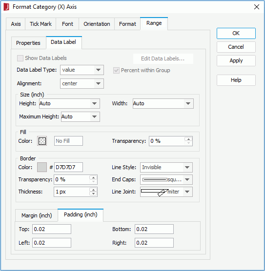 Format Category (X) Axis dialog - Range - Data Label