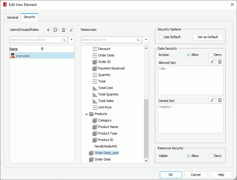 Edit View Element dialog - Security tab