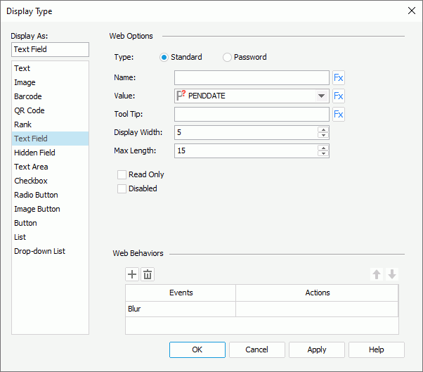 Display Type dialog - Text Field
