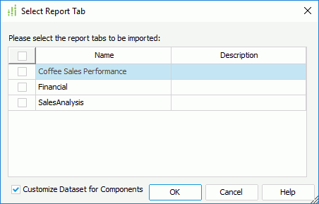 Select Report Tab dialog